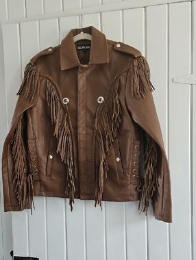 Women's Brown Man Made Leather Fringe Jacket by